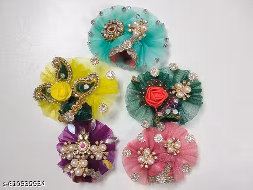Pack of 5 Handmade Size 5 Laddu Gopal Ji Mukut | Kanha Ji / Bal Gopal Crown | Pearl Stone Krishna Shringar for Janmashtami & Mandir Pooja