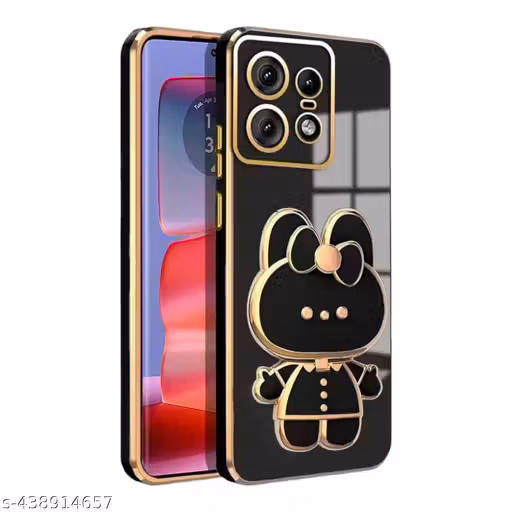 Star Creature 3D C,at Bunny Mirror Back Case and Cover with Stand Compatible for Moto Edge 50 Pro stand Mirror | Camera Protection | Electroplated | Folding Stand -Black