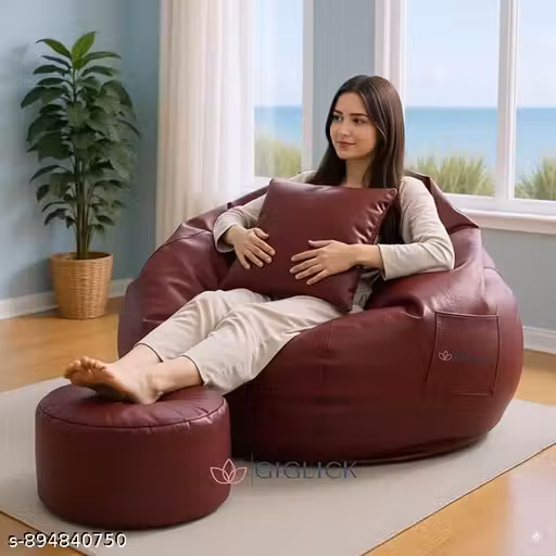 XIEANS Classic 4XL Combo Bean Bag with Footstool & Cushion | Faux Leather Teardrop Bean Bag for Adults &Comfortable Seating for Home & Office – MAROON only cover without beans