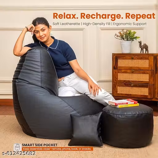 XIEANS Classic 4XL Combo Bean Bag with Footstool & Cushion | Faux Leather Teardrop Bean Bag for Adults &Comfortable Seating for Home & Office – BLACK & GREY