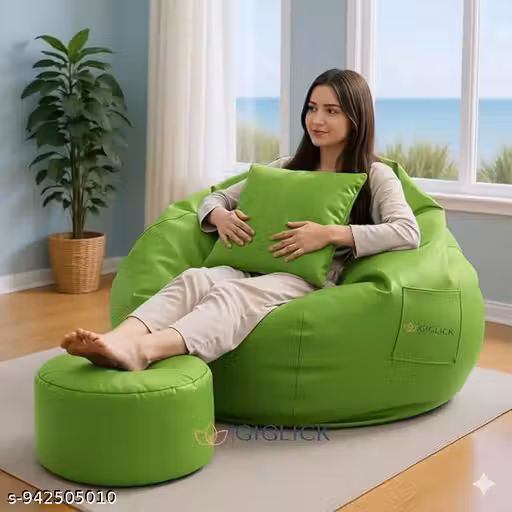 XIEANS Classic 4XL Combo Bean Bag with Footstool & Cushion | Faux Leather Teardrop Bean Bag for Adults &Comfortable Seating for Home & Office –GREEN only cover without beans