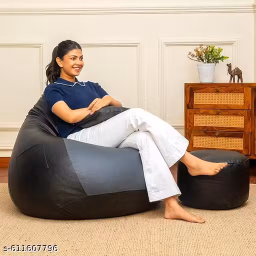 XIEANS Classic 4XL Combo Bean Bag with Footstool & Cushion | Faux Leather Teardrop Bean Bag for Adults &Comfortable Seating for Home & Office – black & grey