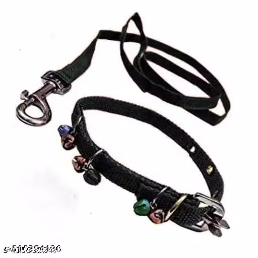 Nylon Ghungroo Neck Collar Belt and Leash with Adjustable Stainless Steel Hook Set Ideal for Training/Walking Dogs and Puppies (Black)