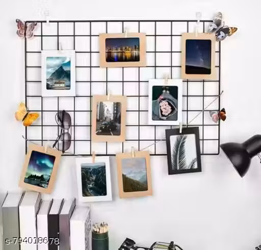 Steel 65x45cm BLACK Grid Photo Frame for Wall with 10 Wooden Deginer Clips | DIY Metal Mesh Wire Grid for Photo Display, Wall Decor, Memo Organizer | Aesthetic Room Decoration for Home, Living Room & Office