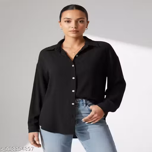 Women Black Casual Solid Button Down Shirt for Women | Full Sleeve Regular Fit Western Top | Stylish Office Wear Collared Shirt for Women