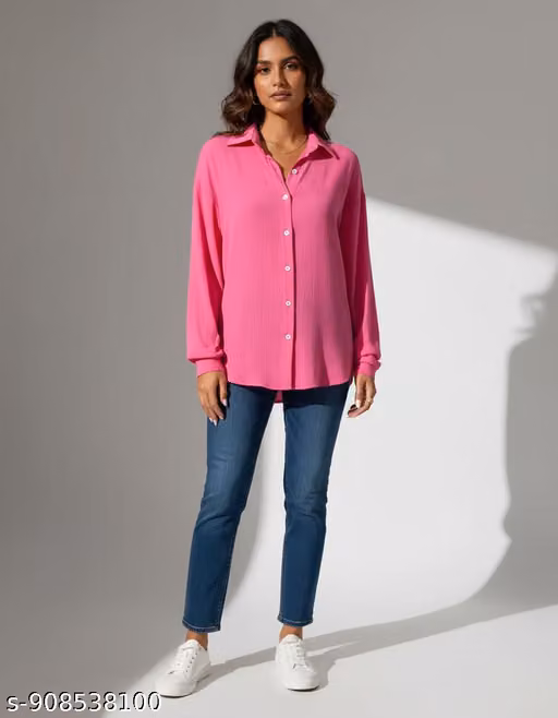 Women korean style solid pink shirt