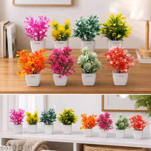 ISHAN DECOR Set of 8 Artificial Flower Pots for Home Decor | Colorful Mini Faux Plants for Living Room, Office, Table & Shelf Decoration