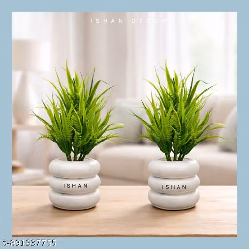 Artificial Green Plant with White Designer Pot for Home & Office Décor | Ishan Decor