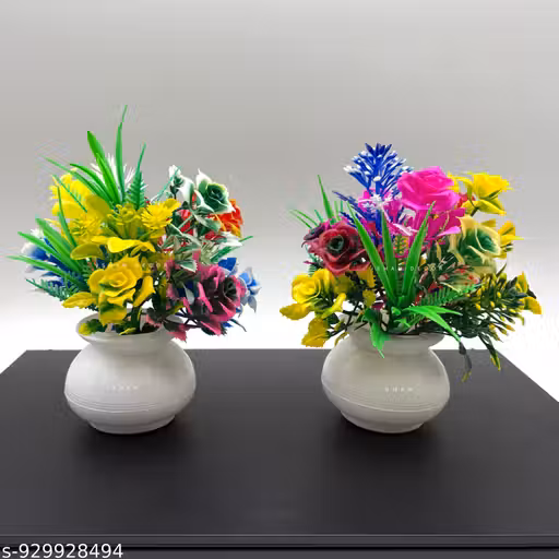 ISHAN Artificial Flowers for Home Decoration (Set of 2) - Colorful Flowers Wild Artificial Plant with Pot (16 cm, Multicolor)