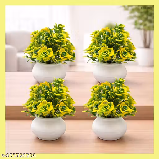 Artificial Yellow Flower Pot Set of 4 for Home Decor Table Top Plants Indoor Decorative Office Desk Plants