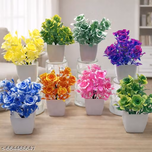 ISHAN DECOR Artificial Flower Pot Set | Multi-Color Decorative Rose Flower Plants with White Pot | Home, Office, Living Room, Table & Bedroom Decoration