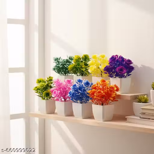 ISHAN DECOR | Set of 8 Multi-Color Artificial Mini Rose Flower Pot/Plant Set – Faux Plastic Bonsai Planters for Table, Office, and Home Décor