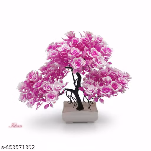 Ishan Artificial Bonsai Tree with Pink White Rose Flowers in Pot for Home Decor, Office Desk, Table, Gifting