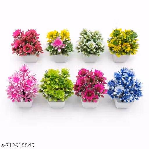 Ishan Decor® Original Artificial Flower Pots (Set of 8) - Premium Quality, Long-Lasting Decorative Mini Plants for Home & Office