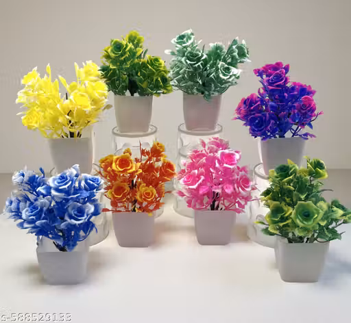 ISHAN Decorative Artificial Flowers Pot Set of 8 | Faux Flower Pots for Home, Office, Table, Living Room & Gift Decoration