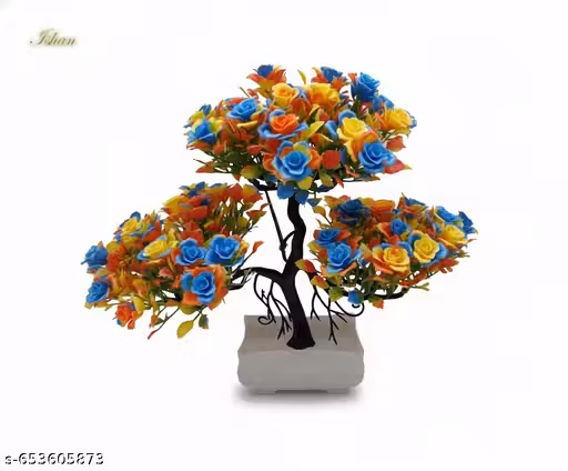 Ishan Artificial Multicolor Rose Flower Plant for Vibrant Home Decor | Faux Blue Yellow Orange Flower Showpiece Center Table
