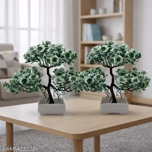 Artificial Plant Combo of 2 with Pot | Green White Flower Decorative Tree | Home Decor Table Decoration for Living Room Office & Gift