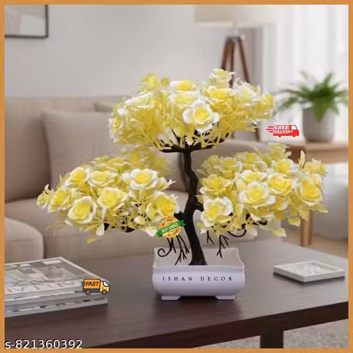 Ishan Decor Artificial Yellow Rose Flower Pot for Home Decor | Bonsai Style Artificial Flower Plant
