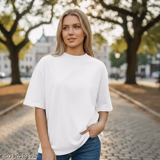 REXXONI Solid Women & Girls Round Neck Oversized White T-Shirts.RX-066