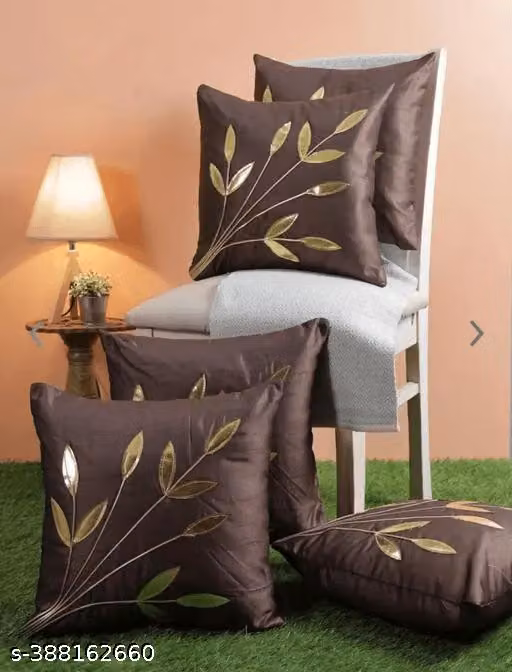 Set of 5 Brown Velvet Cushion Covers with Golden Leaf Embroidery | Decorative Throw Pillow Covers for Sofa & Living Room