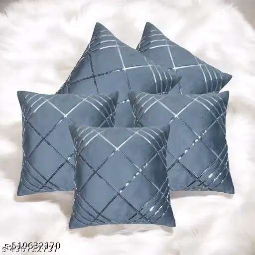Set of 5 Grey Velvet Cushion Covers with Silver Geometric Foil Print | Decorative Throw Pillow Covers for Sofa & Living Room