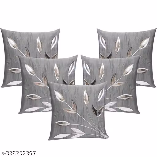 Set of 5 Silver Embroidered Cushion Covers | Decorative Leaf Design Throw Pillow Covers for Sofa & Living Room
