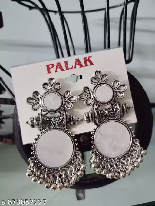 Oxidized Silver Traditional Mirror Work Earrings