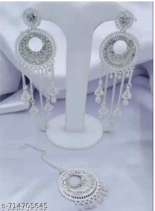 Silver Plated Chandbali Earrings With Maang Tikka...