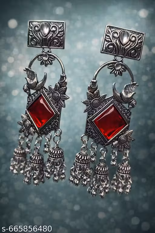 Oxidized Silver Bird Motif Jhumka Earrings with Red Stone
