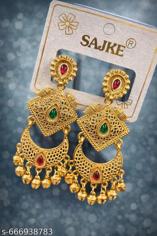 Traditional Gold Plated Kundan Chandbali Earrings with Red & Green Stones