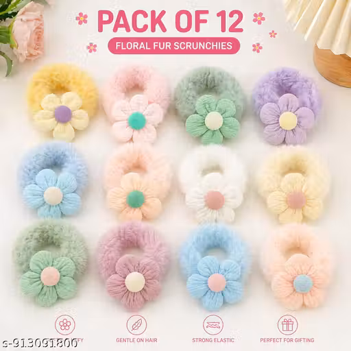 Floral Fur Scrunchies for Girls & Women | Soft & Fluffy Hair Accessories | Pack of 12 |