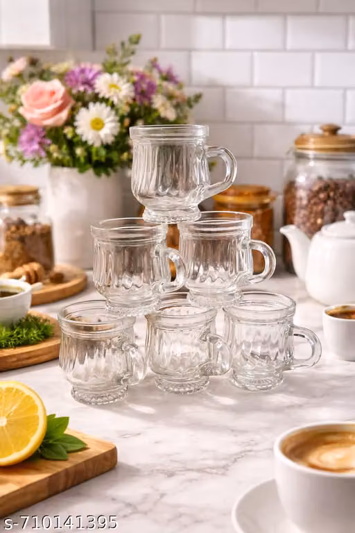 Premium Glass Tea Cup Set (125 ml) | Transparent Handle Tea Mugs for Chai, Coffee & Green Tea | Small Glass Cup Set of 6