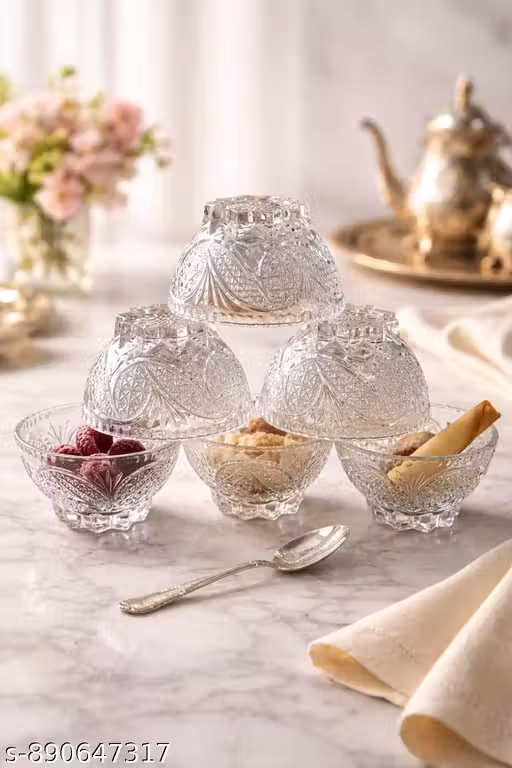 JYOTI XPRESS-Premium Crystal Cut Glass Bowl Set of 6 | Designer Serving Bowls for Dry Fruits, Ice Cream, Snacks & Desserts | Elegant Kitchen & Dining Tableware