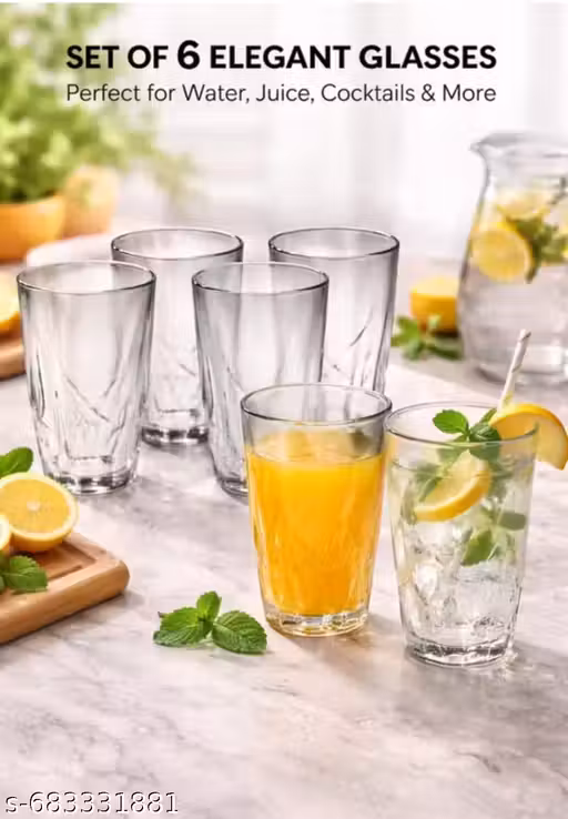 Premium Transparent Glass Tumbler Set of 6 | Elegant Juice, Water & Soft Drink Glasses for Home, Kitchen, Dining & Party Use