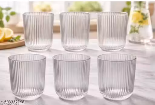 Premium Ribbed Transparent Drinking Glass Set of 6 | Stylish Water, Juice, Cold Drink Glass | Thick Base Durable Glassware for Home, Kitchen & Dining (200 ML Each)