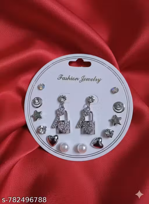 Stylish Silver-Plated Multi-Design Stud & Drop Earrings Combo Set for Women and Girls | Lock & Key, Heart, Star, Pearl and Crystal Fashion Jewelry Collection