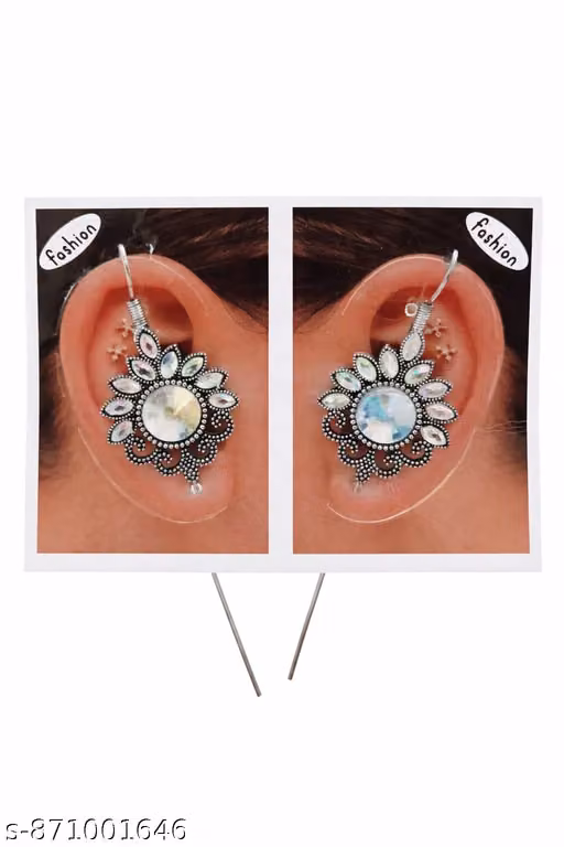 Oxidised Silver Ear Cuffs with Artificial Stones for Women | Stylish Non-Piercing Earcuff Earrings | Traditional Boho Ethnic Ear Jewellery | Trendy Statement Ear Cuffs for Party & Festive Wear