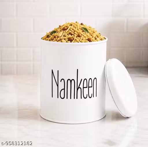White Metal Namkeen Storage Jar with Lid | Large Snack Storage Container | Kitchen Organizer Canister for Namkeen, Mixture & Dry Snacks