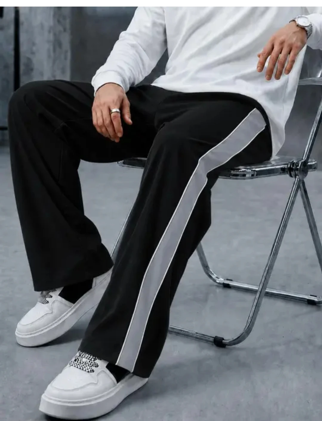 Men's Black Wide-Leg Track Pants with Contrast Stripe