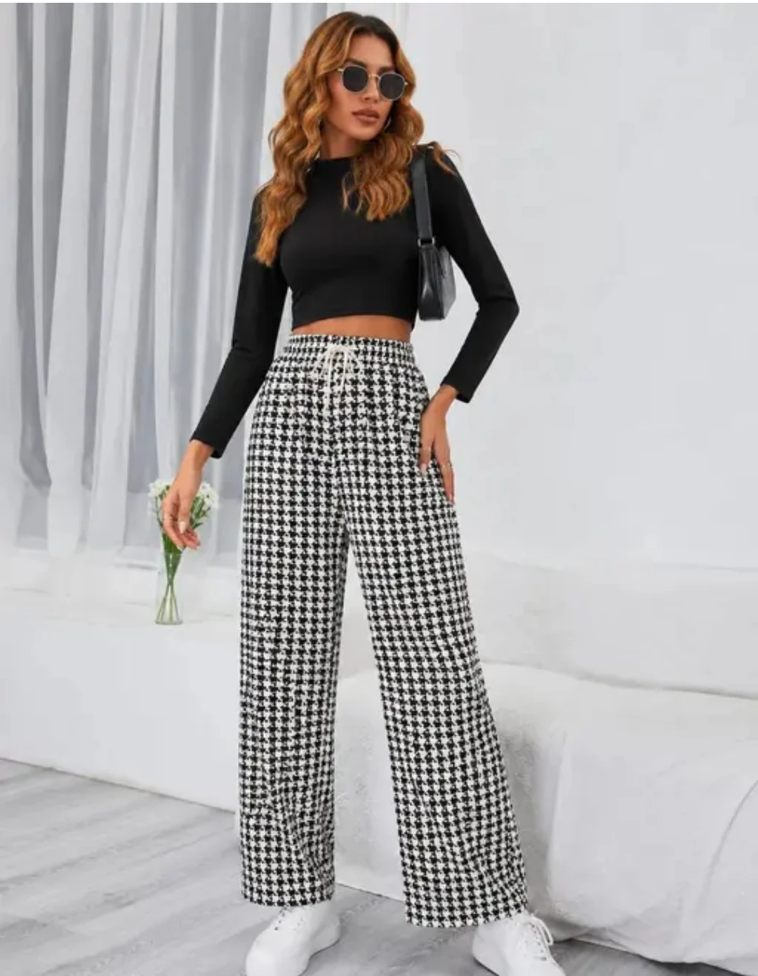 Women's Black & White Houndstooth High-Waisted Wide-Leg Trousers
