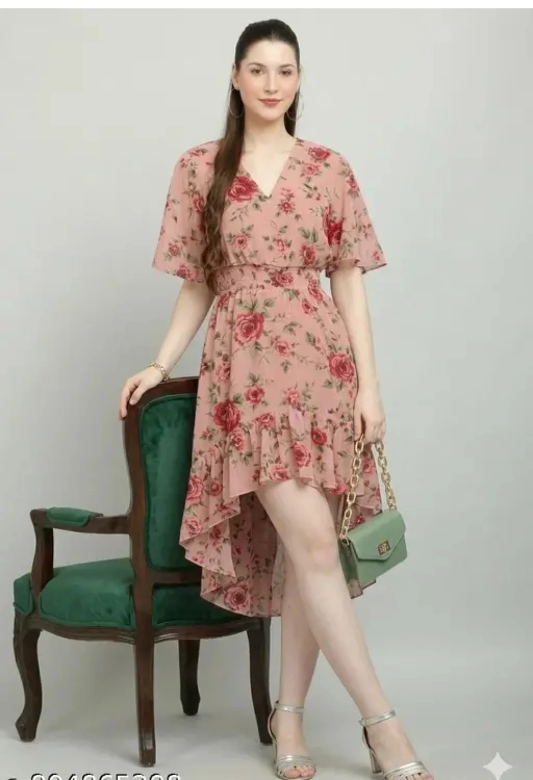 Dusty Pink Floral High-Low Flutter Sleeve Dress