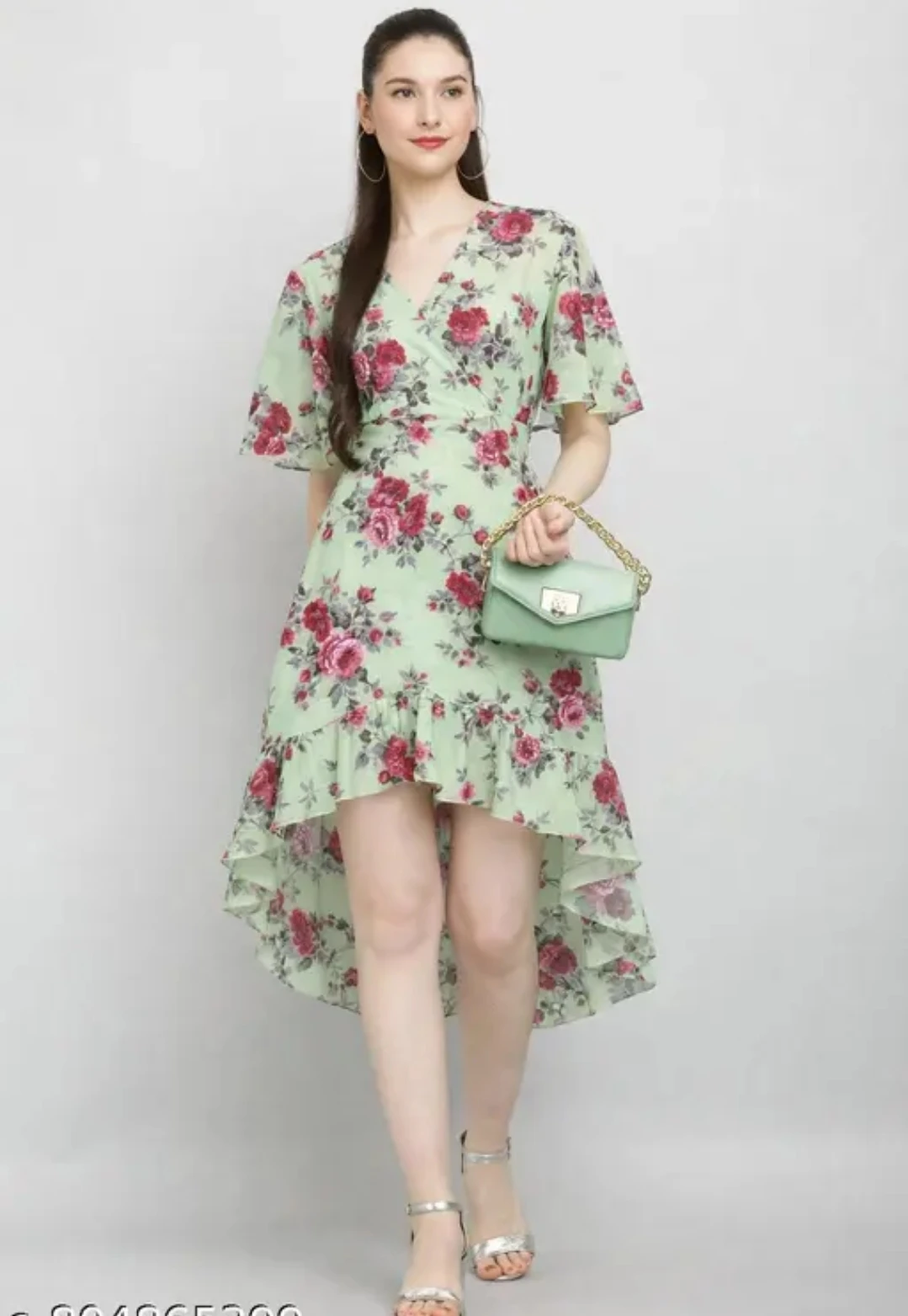 Mint Green Floral High-Low Wrap Dress