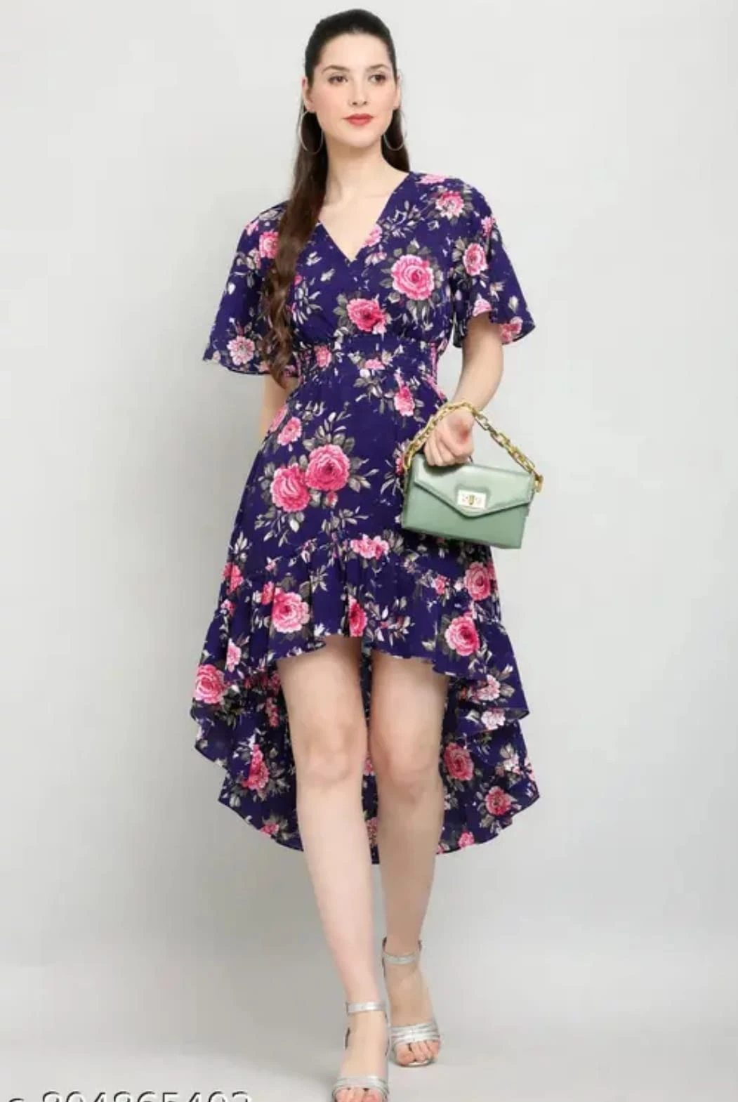 Navy Blue Pink Floral High-Low Dress