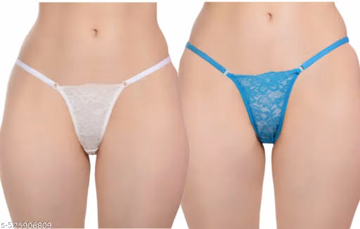 Setster Women's Imported Thinnest Fabric Bow Lace Cheeky Thongs Panty Underwear | Womens Microfibre Floral Lace Low Rise Thong Panty for Women/Girls (White, SKY )