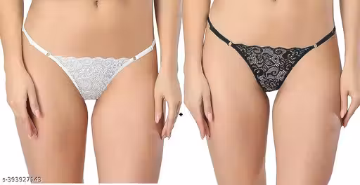 Setster G Thong Lace Panty Free Size Pack of 2 For Women (White,Black)