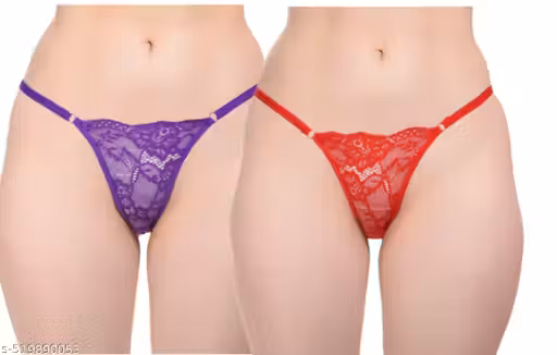 Setster Women's Imported Thinnest Fabric Bow Lace Cheeky Thongs Panty Underwear | Womens Microfibre Floral Lace Low Rise Thong Panty for Women/Girls (Purple,Red)