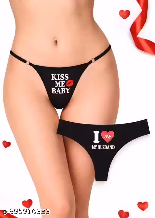Women’s Romantic Printed Thong Panty Set | “Kiss Me Baby” & “I Love My Husband” Couple Lingerie | Soft Stretch Bikini Briefs | Valentine Gift Underwear for Wife/Girlfriend (Pack of 2)