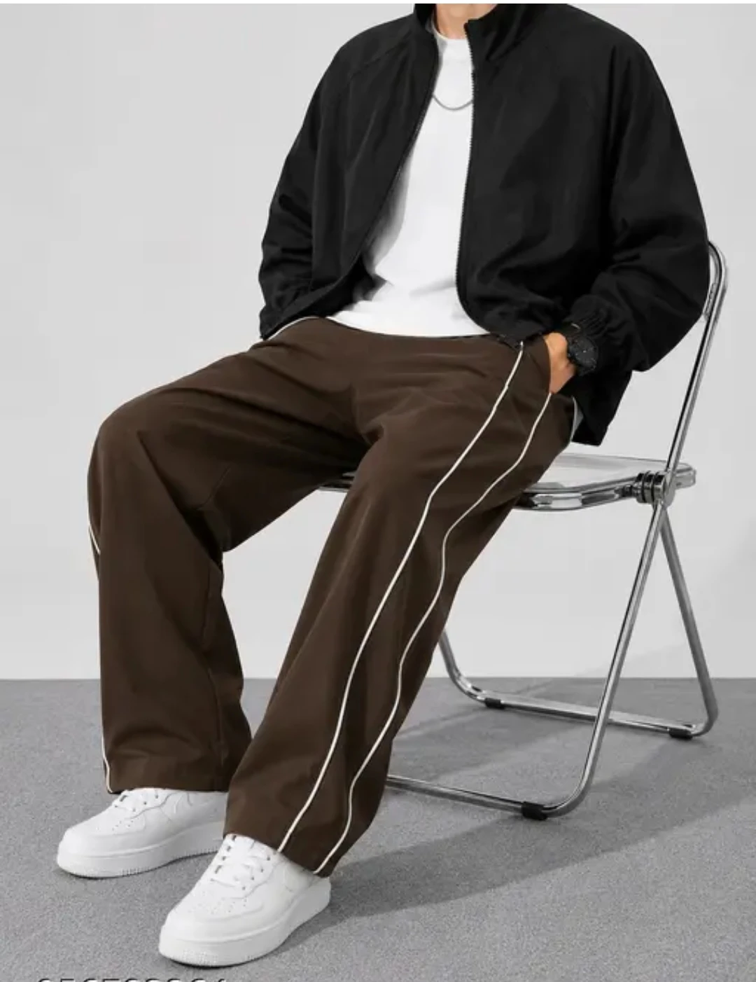 Men's Dark Brown Wide-Leg Track Pants with White Piping