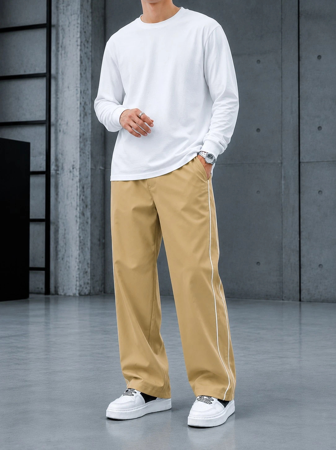 Men's Beige Wide-Leg Track Pants with White Piping