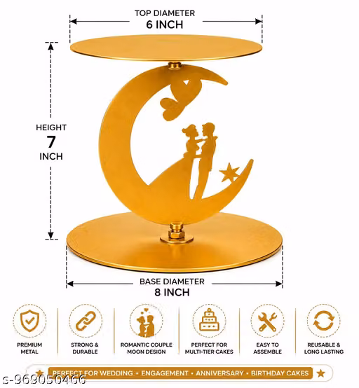 Luxury Gold Moon Couple Cake Spacer Stand | Floating Tier Cake Separator for Wedding, Engagement, Anniversary & Birthday Cake Decoration | Premium Metal Cake Display Support